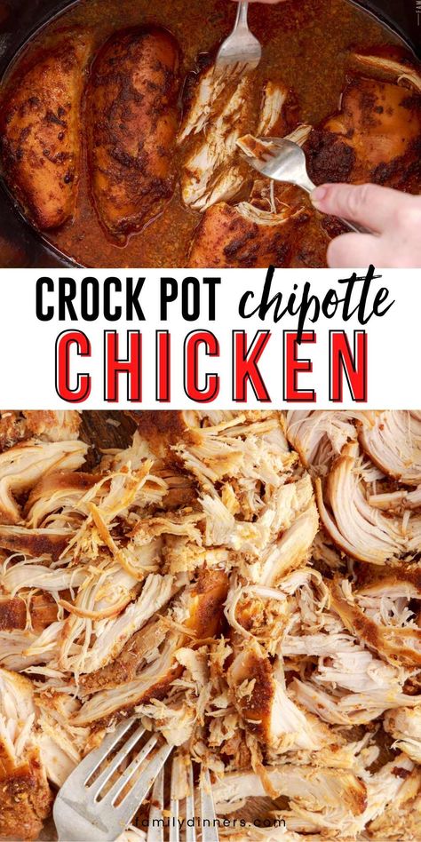 Delicious and easy crockpot chipotle chicken tacos recipe. Grab your crock pot (slow cooker) and this amazing chipotle marinade and get ready for the tacos of your dreams. Make Taco Tuesday something everyone looks forward to! We love this easy weeknight dinner recipe. Or marinade the chicken and freeze for a make ahead meal or freezer meal! Chicken Marinades For Crockpot, Crock Pot Marinated Chicken, Spicy Pulled Chicken Crock Pot Recipes, Adobe Chipotle Chicken, Chipotle Chicken Tacos Crockpot, Chipotle Copycat Recipes Crockpot, Chipotle Chicken Crockpot Slow Cooker, Crockpot Chicken For Burritos, Chipotle Chicken Tacos Slow Cooker