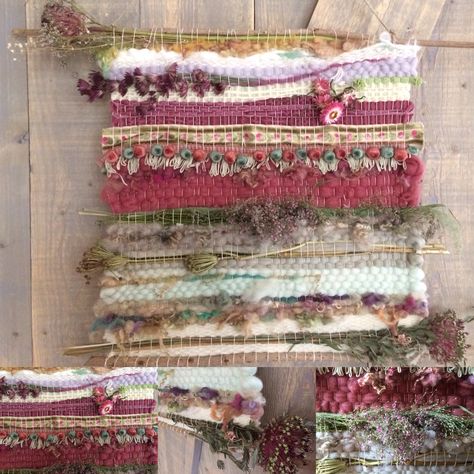 Weefwerk, weaving, flowers, lace, wool Woven Flowers Weaving, Weaving With Flowers, Weaving With Natural Materials, Weaving Aesthetic, Weave Textiles, Wild Weaving, Weaving Nature, Weaving Flowers, Flower Weaving