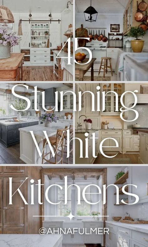 Scroll through this gallery of 45 stunning white cabinet kitchen ideas, and start designing your dream kitchen. Tap on this pin to get this listand more with Ahna Fulmer // ahnafulmer.com #kitchen #kitchencabinets #whitekitchen White Kitchen Cottage Style, Vintage White Kitchen Ideas, White Cupboard Kitchen, White Kitchen Remodel Ideas, Pictures Of Kitchens With White Cabinets, Farmhouse White Kitchen Ideas, Off White Kitchen Ideas, White Farmhouse Cabinets, White Kitchen Cabinet Colors