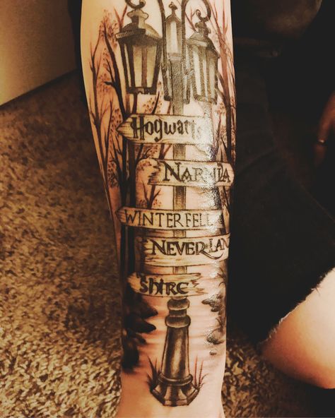 Nerd tattoo :) jus got it done #tattoo #nerd #narnia #theshire #neverland #winterfell #hogwarts Book Nerd Tattoo, Nerd Tattoo Ideas, Tattoo Ideas Men, Nerd Tattoos, Hogwarts Tattoo, Nerdy Tattoos, Bookish Tattoos, Nerd Tattoo, Fantasy Tattoos