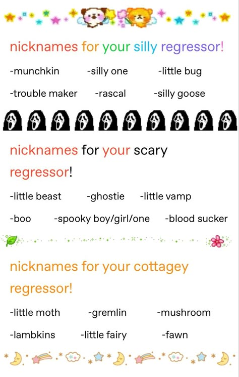 Nicknames For Your Caregiver, Nicknames For Caregivers, Age Reggresion Activities, Agere Art, Age Reg, Sfw Agere, Pet Regression, Lil Space, Space Things