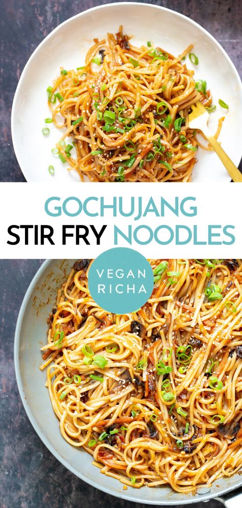 Vegan Asian Noodles, Vegan Gochujang, Asian Noodles Stir Fry, Couscous Risotto, Asian Chili Garlic Sauce, Gochujang Noodles, Vegan Noodles Recipes, Vegan Entree Recipes, Gochujang Recipe