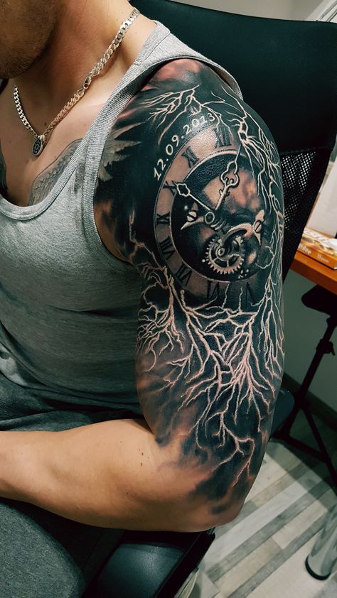 Cover Up Tattoos For Men Arm, Shoulder Cover Up Tattoos, Tattoo Sleeve Cover Up, Upper Half Sleeve Tattoos, Upper Shoulder Tattoo, Arm Cover Up Tattoos, Viking Tattoos For Men, Cover Up Tattoos For Men, Front Shoulder Tattoos