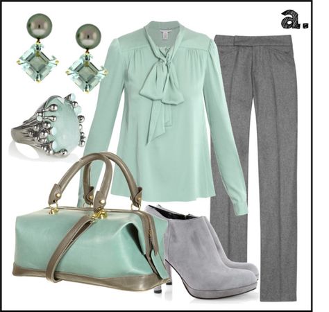 "mint and grey" by anniebannanie123 on Polyvore Mint Shirt Outfit, Mint Outfits, Green Top Outfit, Grey Pants Outfit, Mint Outfit, Mint Green Blouses, Mint Shirt, Mint Green Tops, Going Grey