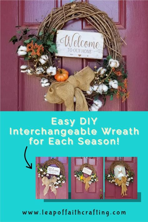 Use the same DIY grapevine wreath all year long with a few easy changes. Tutorial on how to make an interchangeable seasonal wreath. #wreath #diy Interchangeable Wreath Seasons Diy, One Wreath For All Seasons Diy, Interchangeable Wreath Diy, Interchangeable Door Sign, Interchangeable Wreath, Front Door Wreaths Diy, Diy Grapevine Wreath, Farmhouse Inspired Decor, Double Door Wreaths