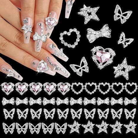 Amazon.com: 40 PCS 3D Silver Nail Gems Charms Nail Alloy Charms, Butterfly Hollow Heart Star Pentagram Bow Bowknot Metal Nail Rhinestones+Heart Diamond Nail Art Jewels Charms for Nail Art DIY Design : Beauty & Personal Care Nail Art Jewels, Diamond Pink Nails, Nail Stones, Stars Nails, Nail Diamond, Bow Nail, Diamond Nail Art, Nail Gems, Nail Rhinestones