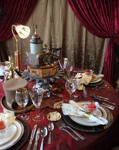 Steampunk Wedding on Pinterest | 156 Pins Gala Table Decor, Steampunk Centerpiece, Steampunk Wedding Decorations, Steampunk Wedding Themes, Wedding Style Ideas, Victorian Wedding Themes, Punk Decor, Steampunk Table, Punk Wedding