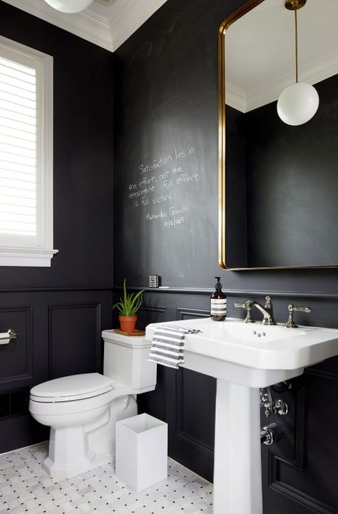 Black Powder Room, Crown Point Cabinetry, Black Chalkboard Paint, Mixing Metals, Small Home Offices, Transitional Bathroom, Black Chalkboard, Chalkboard Wall, Half Bathroom