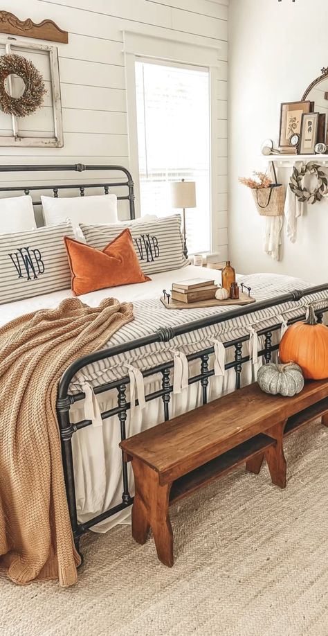 Fall Bedroom, Farmhouse Bedroom Decor, Metal Bed, Spare Bedroom, Metal Bed Frame, Farmhouse Bedroom, Remodel Bedroom, Master Bedrooms Decor, Cozy Room