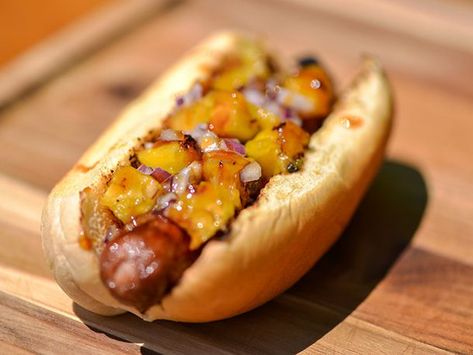 8 Great Hot Dog Topping Ideas Mustard Relish, Frito Chili Pie, Pineapple Teriyaki, Wrapped Hot Dogs, Grilling Hot Dogs, Hot Dog Toppings, Hot Dog Chili, Dog Wrap, Wrapped Chicken