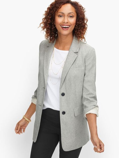 Long Wool Blend Blazer - Herringbone Gray Blazer Outfit Women, Grey Blazer Women, Grey Blazer Outfit, Light Grey Blazer, Herringbone Jacket, Blazer Outfits For Women, Gray Blazer, Grey Herringbone, Long Blazer