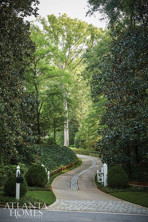 Pastoral Beauty - Atlanta Homes and Lifestyles Country Stone House, Italian Landscaping, Winding Driveway, Home Landscaping Ideas, Driveway Entrance Landscaping, Tree Lined Driveway, Driveway Entrance, Driveway Design, Long Driveways