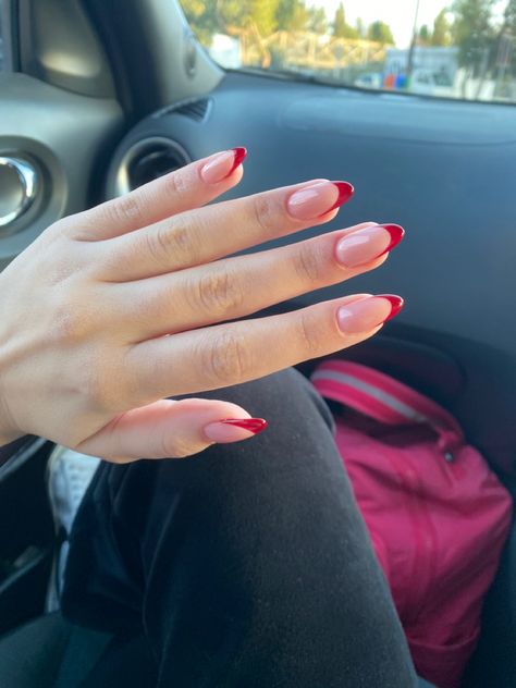 French Tip With Red Accent, French Red Almond Nails, Oval Nails Red French, Alana Galtieri Nails, Ruby Red French Tip Nails, Almond French Tip Nails Color Winter, Red Ball Nails, Nail Inspo For Red Prom Dress, Red Oval French Tip