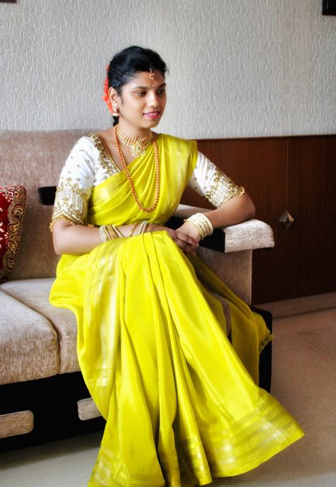 Lemon yellow pure mysore silk saree with white contrast blouse Yellow Saree Matching Blouse, Crape Silk Saree Blouse Designs, Lemon Yellow Saree With Contrast Blouse, Ksic Mysore Silk Saree Blouse Designs, Yellow Saree With Contrast Blouse, Mysore Silk Saree Styling, Ksic Saree, Mysore Silk Saree Blouse Designs, Pure Mysore Silk Saree