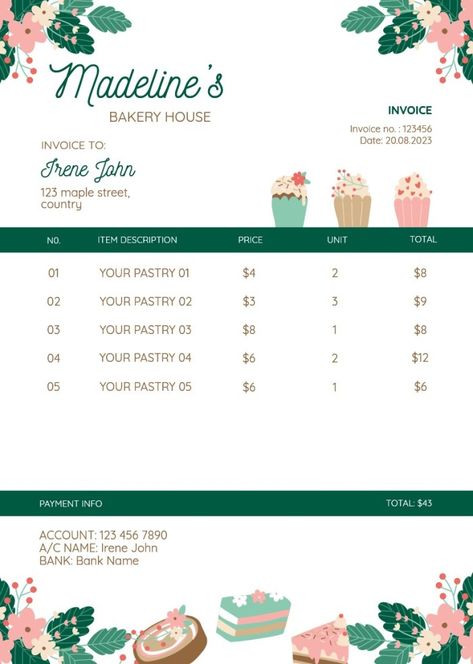 Cute Madeline's Bakery Invoice Invoice Design, Receipt Template, Bakery Design, Home Bakery, Invoice Template, Editing Tools, Free Graphic Design, Cute Designs, For Free