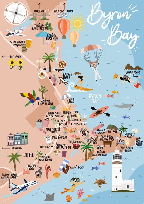 Byron Bay - Map Print Camping Illustration, Australia Shopping, Australia Bucket List, Australian Road Trip, Mediterranean Travel, Australian Travel, Australia Map, Byron Bay Australia, Poster Illustration