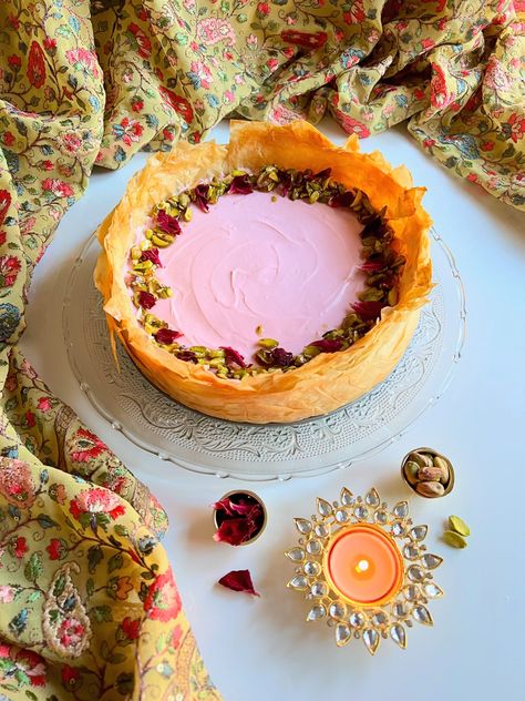 Baklava Rose Cheesecake - Chand's Kitchen Rose Cheesecake, Pink Cheesecake, Baklava Cheesecake, Springform Pan Cake, Chocolate Melting Wafers, Diwali Sweets, Bengali Food, Pink Food Coloring, Indian Dessert Recipes