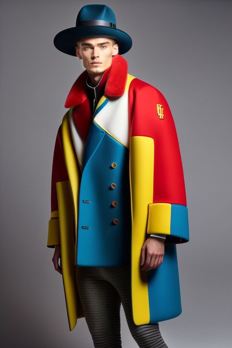 Unusual menswear design red yellow blue white Japanese Lookbook, Queer Formal, Unusual Fashion, Formal Streetwear, Menswear Design, Tuxedo Shirt Men, Unusual Clothes, Pop Art Fashion, Space Fashion