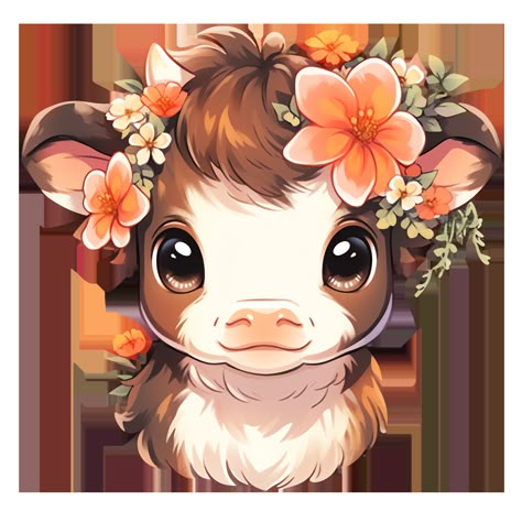 Cute Kawaii Cottagecore Baby Cow in Summer Flowers in Rustic Colors Sticker Cute Cow Pictures Cartoon, Cute Illustration Stickers, Cute Whimsical Drawings, Animals With Flowers Drawing, Kawaii Farm Animals, Cute Cow Design, Kawaii Animal Art, Cute Cow Drawing Cartoons, Cute Clipart Aesthetic