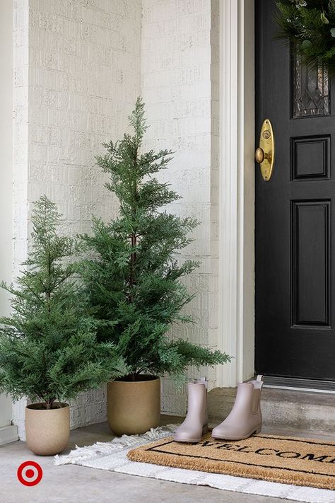 Porch Christmas Tree, Holiday Front Door, Front Door Ideas, Christmas Front Porch, Christmas Front Doors, Christmas Porch Decor, Christmas Inspo, Minimalist Christmas, Front Porch Christmas Decor