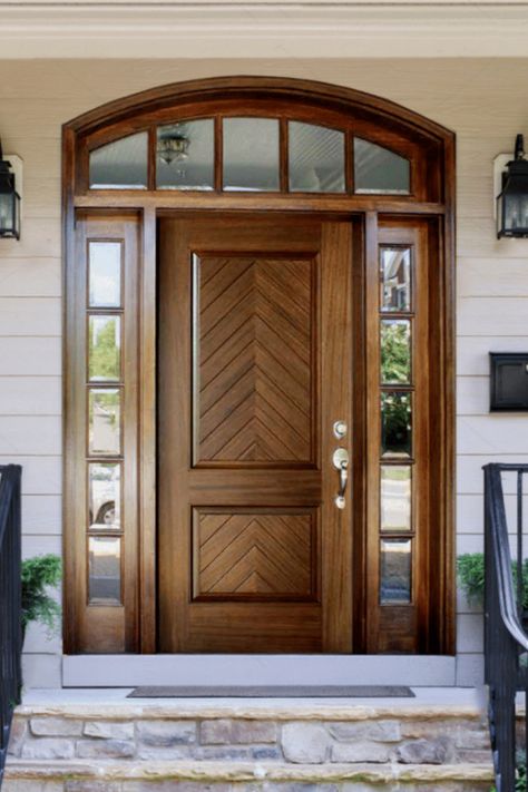 The perfect front door will create a stunning entrance to your home and set the tone for what’s inside. This herringbone design on our Manchester Door will do just that! This is truly one of our more unique DSA Door style we offer in our Traditional Collection. See more at the link! 2 Doors On Front Of House, Take Door Design, Door Come Window Design, Unique Main Door Design Entrance, Front Door Traditional Home, Inside Door Design, Wooden Front Door Design Modern, Main Door With Window Design, Outside Door Design