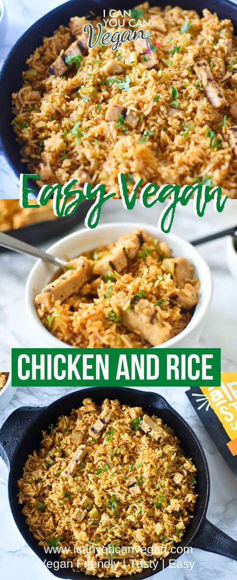 Need a quick vegan dinner idea that's ready in 30 minutes or less? Check out this easy vegan southern chicken and rice! Made in one pot and seasoned to perfection with ingredients you probably already have in your pantry! It's cooked with fresh onions, celery and garlic to add to the flavor and uses Alpha Chik'n Strips for a meaty addition! This easy, quick, one pot recipe is sure to please! #Veganchicken #Veganchickenandrice #veganonepot #onepotmeal #onepotveganmeal #vegandinner #AlphaFoods Vegan Chicken And Rice, Vegan Rice Recipes, Southern Chicken And Rice, Quick Vegan Dinner, One Pot Rice Meals, Budget Vegan, Vegan Meat Recipe, Indian Vegan, Rice Recipes Vegan