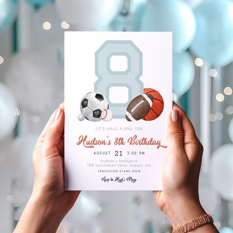 Sports 8th Birthday Invitation Template for Boy | Editable Let's Have a Ball All Star Eighth Birthday Printable Invite S628 Born Two Ball, Star Printable, Ball Invitation, 2nd Birthday Party For Boys, 1st Birthday Invitation Template, 2nd Birthday Boys, Sports Theme Birthday, Ball Birthday Parties, Second Birthday Ideas