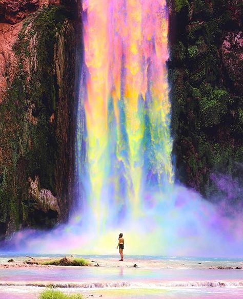 This is what we imagine a waterfalls aura to look like...  Artwork by: @space.ram Photo by: @andyfortson  #findyourcenter #awakening #art #surreal #consciousness  #magic #losangeles #earthlove #manifestation #waterfall #loveearth #aura #imagination #love Trippy Images, Fun Backgrounds, Blessed Images, Rainbow Waterfall, Rainbow Pictures, Rainbow Photography, Waterfall Landscape, Aesthetic Board, Rainbow Aesthetic