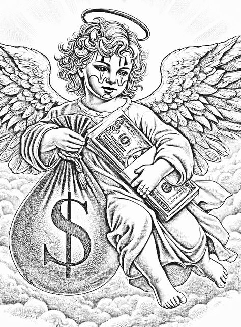 Angel Money Tattoo, Angel With Bandana Tattoo, Angel With Money Bag Tattoo, Money Bag Drawing Tattoo, Moneybag Tattoos Stencil, Evil Tattoo, Men Tattoos Arm Sleeve, Chicano Art Tattoos, Angel Tattoo