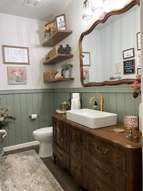 Evergreen fog bathroom update Evergreen Fog Shiplap, Dresser Into Vanity, Vanity Floating Shelves, Half Bath Update, Shiplap Bathroom Wall, Vanity Floating, Vintage Powder Room, Dresser Vanity Bathroom, Evergreen Fog