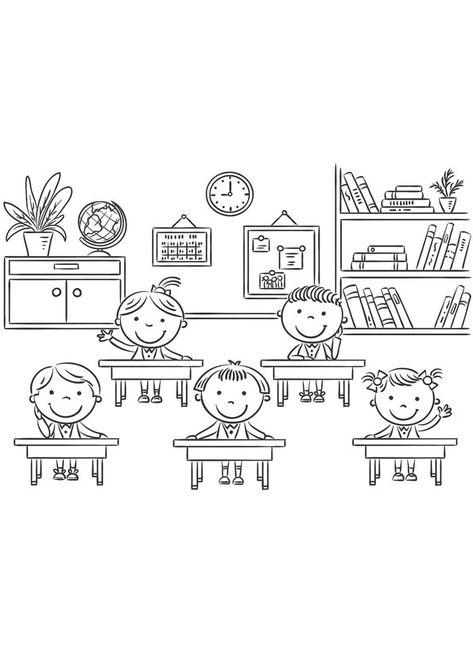 My Classroom Drawing, My School Drawing For Kids, My School Drawing, Classroom Coloring Pages, Classroom Drawing, Studying Drawing, Kids Colouring Printables, Back To School Coloring Pages, Drawing Themes