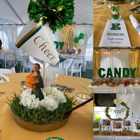 Dance Team Table Decorations, Cheerleading Centerpieces Banquet Ideas, End Of Season Banquet Ideas, Cheerleader Graduation Party Ideas, School Spirit Centerpieces, High School Banquet Ideas, Senior Cheer Banquet Table Ideas, Cheerleader Banquet Ideas, End Of Season Cheer Party Ideas