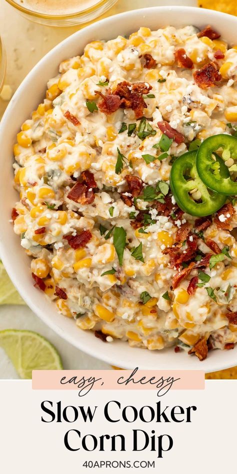 Cream cheese, fire-roasted corn, fresh jalapeños, bacon, and melty shredded cheese - corn dip just doesn’t get better than this. Made in the Crockpot or slow cooker for the ultimate hands-off appetizer. Corn Jalepeno Dip Crock Pot, Dips Made In Crockpot, Healthy Crockpot Dips For Parties, Slow Cooker Mexican Side Dishes, Skillet Corn Dip, Mexican Crock Pot Dip, Corn Dip With Cream Cheese Crock Pot, Queso Corn Dip Crockpot, Street Corn Crockpot Dip