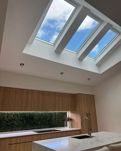 Velux Skylights Kitchen, Kitchen Skylights, Warm Inviting Kitchen, Roof Renovation, Skylight Installation, Inviting Kitchen, Roof Skylight, Skylight Design, Skylight Kitchen