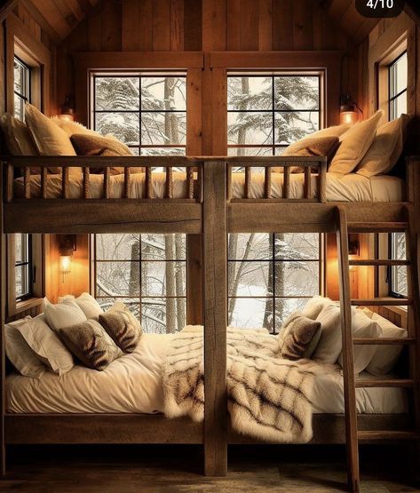 Cabin Bedroom Aesthetic, Winter Cabin Interior, Cabin Kids Room, Cabin Bunk Room, Ski Lodge Interior, Cabin Bunk Beds, Cabin Room, Wood Cabin, Cabin Aesthetic