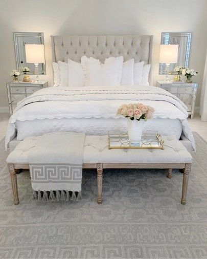 Master Bedrooms Decor With Tv, Grand Melinnial Style Bedroom, Tufted Headboard Bedroom Master Suite, Neutral Bedroom Wallpaper, Elegant Master Bedrooms Decor, Amazing Bedroom Designs, Feminine Bedroom, Glam Bedroom, Bedroom Decor For Couples