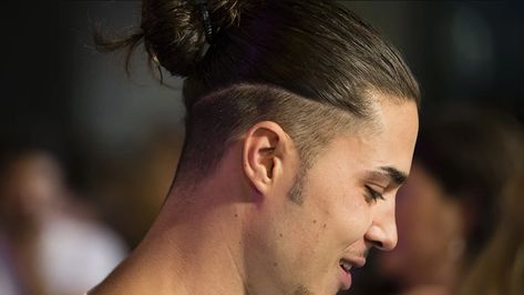 Men Hairstyle Short Sides Long Top, Long Top Shaved Sides Men, Shaved Man Bun, Viking Man Bun, Mens Long Hairstyles Shaved Sides, Long Hair Sides Shaved Men, Shaved Sides Manbun, Man Bun Shaved Sides Undercut, Undercut Mens Hair Long