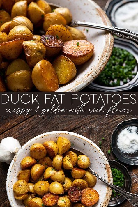 duck fat potatoes pin Duck Dynasty Mashed Potatoes, Duck Fat Uses, Pretty Duchess Potatoes, Duck Fat Roast Potatoes, Goose Fat Roast Potatoes, Small Potatoes Recipe, Duck Fat Potatoes, Duck Fat Roasted Potatoes, Baby Potato Recipes