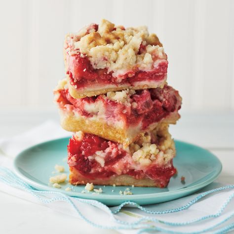 Strawberry Rhubarb Crumble Bars | Learn how to make Strawberry Rhubarb Crumble Bars . MyRecipes has 70,000  tested recipes and videos to help you be a better cook Rhubarb Crumble Bars, Strawberry Rhubarb Recipes, Best Rhubarb Recipes, Rhubarb Bars, Strawberry Rhubarb Crumble, Recipes Strawberry, Crumb Bars, Crumble Pie, Rhubarb Desserts