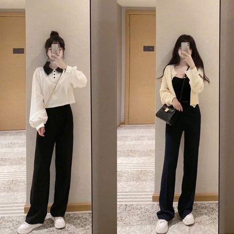 Black Trousers Outfit Casual Korean, Black Trousers Outfit Korean, Trousers Korean Outfit, Korean Casual Outfits Street Styles, Black Trousers Outfit Casual, Black Trousers Outfit, Trousers Outfit, Trendy Girls Outfits, Clothes Korean Style