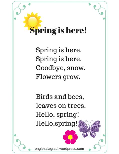 English spring poems Poem On Spring Season, Kindergarten Chants, Spring Songs For Kids, Spring Poems For Kids, Thanksgiving Prayers For Family, Kids Songs With Actions, Kindergarten Poems, Preschool Poems, English Poems For Kids