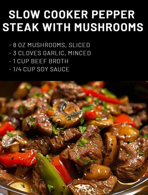 Slow Cooker Pepper Steak with Mushrooms – Page 2 – 99easyrecipes Pepper Steak In The Crockpot, Slow Cooker Beef And Peppers, Slow Cooker Pepper Steak With Mushrooms, Crockpot Recipes Pepper Steak, Crock Pot Pepper Steak Slow Cooker, Pepper Steak Recipe Slow Cooker, Pepper Steak In A Crock Pot, Crockpot Mushroom Pepper Steak, Crockpot Pepper Steak Recipes Crock Pots