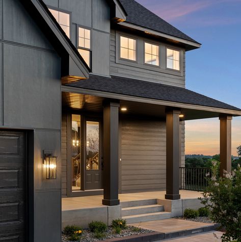 James Hardie Iron Gray Pre-finished siding makes this Parade Home sparkle. A dark grey color, with a tint of green, like iron freshly cut or broken. James Hardie's line of ColorPlus® Technology siding, which comes pre-finished in an artful array of durable. @Jameshardie @Kootenia James Hardie Iron Gray, Hardie Board, Hardie Siding, James Hardie, Dark Grey Color, Grey Color, House Colors, Home Remodeling, Dark Grey