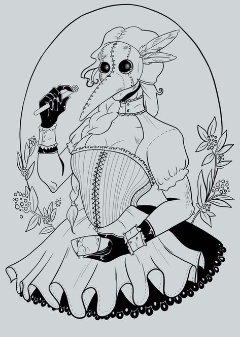 Victorian Skeleton Art, Plague Doctor Tattoo Feminine, Plauge Doctor Tattoo Cute, Plague Doctor And Nurse Tattoo, Plague Doctor Coloring Page, Feminine Plague Doctor Tattoo, Plague Doctor Painting, Gothic Tattoo Drawings, Female Plague Doctor Tattoo