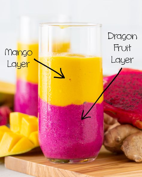 Mango And Dragon Fruit Smoothie, 2 Layer Smoothie, Dragon Fruit Mango Smoothie, Mango Dragonfruit Smoothie, Dragonfruit Smoothie Recipe, Fruits Shake, Pitaya Smoothie Recipe, Sunset Smoothie, Dragon Fruit Smoothie Recipe