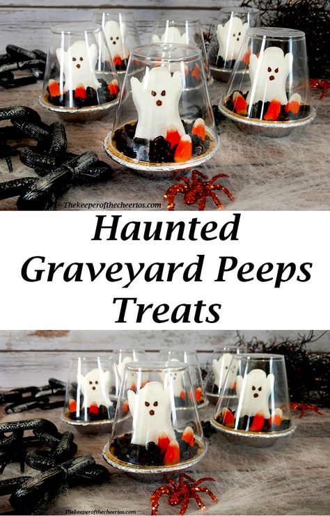 Ghost Desserts, Ghost Theme Party, Halloween Bunco, Kids Treat Bags, Peeps Treats, Halloween Peeps, Ghost Treats, Haunted Graveyard, Halloween School Treats