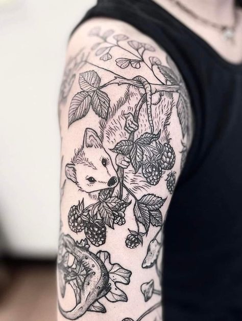 Forest Animal Sleeve Tattoo, Critter Tattoo Sleeve, Black And Grey Patchwork Tattoo, Woodland Creatures Tattoo Sleeve, Whimsical Shoulder Tattoo, Cottagecore Sleeve Tattoo, Woodlands Tattoo, Woodland Sleeve Tattoo, Cottagecore Tattoo Sleeve