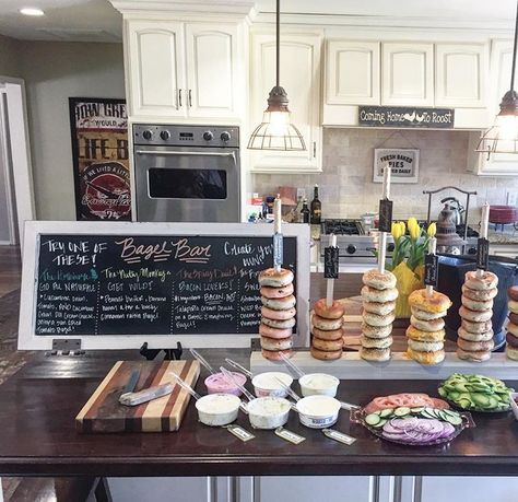 How cute is this bagel bar from the baby shower today celebrating @kirstenmariesmith ! Great job @laurenlaporta @jclodfelter @jenniferskib… Bagel Station, Brunch Tailgate, First Birthday Brunch, Baby Shower Brunch Food, Wedding Shower Brunch, Bachelorette Brunch, Graduation Brunch, Bagel Bar, Bridesmaid Brunch