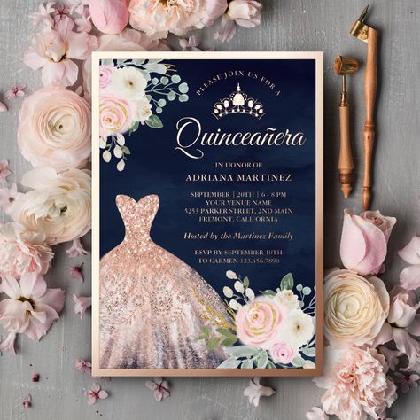 Navy Quinceanera, Quinceanera Rose Gold, Pink Floral Gown, Rose Gold Foil Invitations, Rose Gold Quinceanera, Invitations Quinceanera, Gold Foil Invitation, Sweet Sixteen Invitations, Quince Ideas