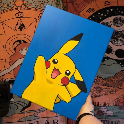 One Piece Painting Ideas, Cute Cartoon Canvas Paintings, Cute Pikachu Drawings, Pokemon Painting Ideas, Pokemon Canvas Painting Easy, Easy Anime Painting Ideas, Simple Anime Painting, Pikachu Painting Easy, Charmander Painting